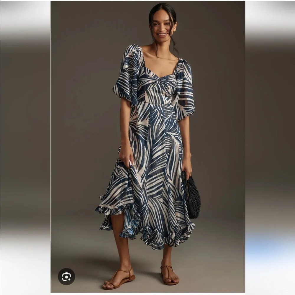 Anthropologie Hutch /Puff Sleeve Ruffle Hem Dress – Zebra Print Midi Dress